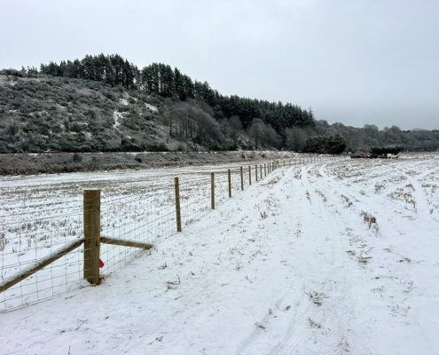 New stock fence line running through snowy farmland near Tomatin