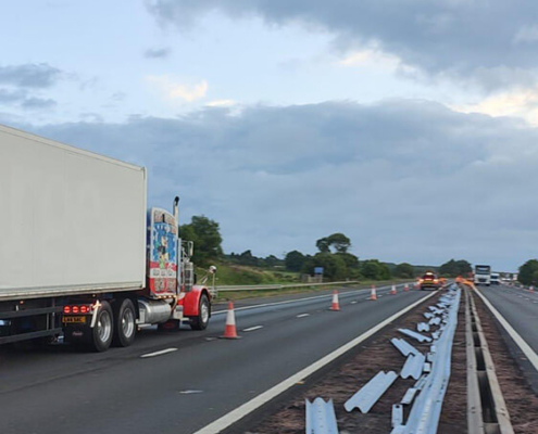 New VRS barrier sections laid out ready for installation during trunk road upgrade works